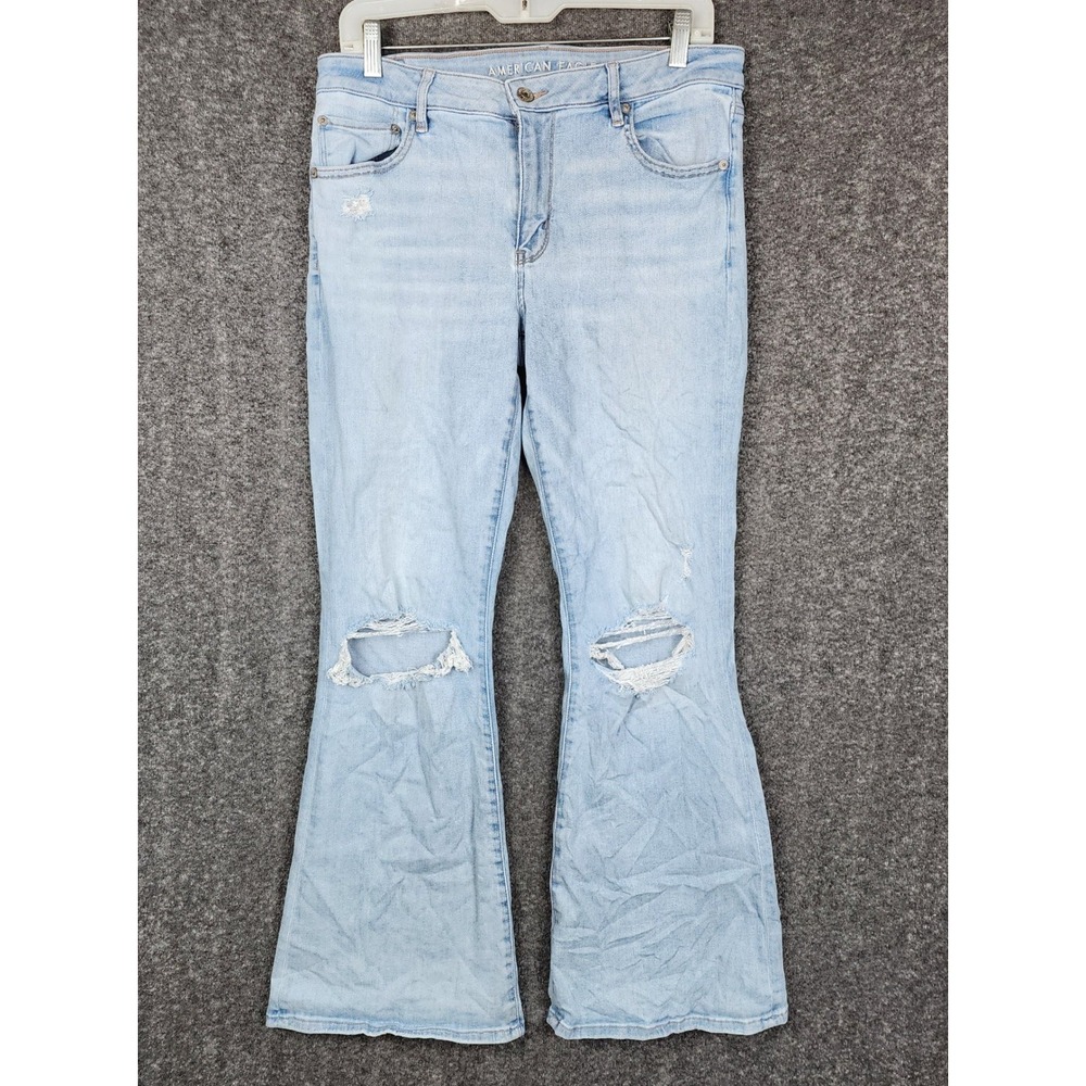 American Eagle Flare Jeans Women 12 Light Blue Distressed High Rise Stretch